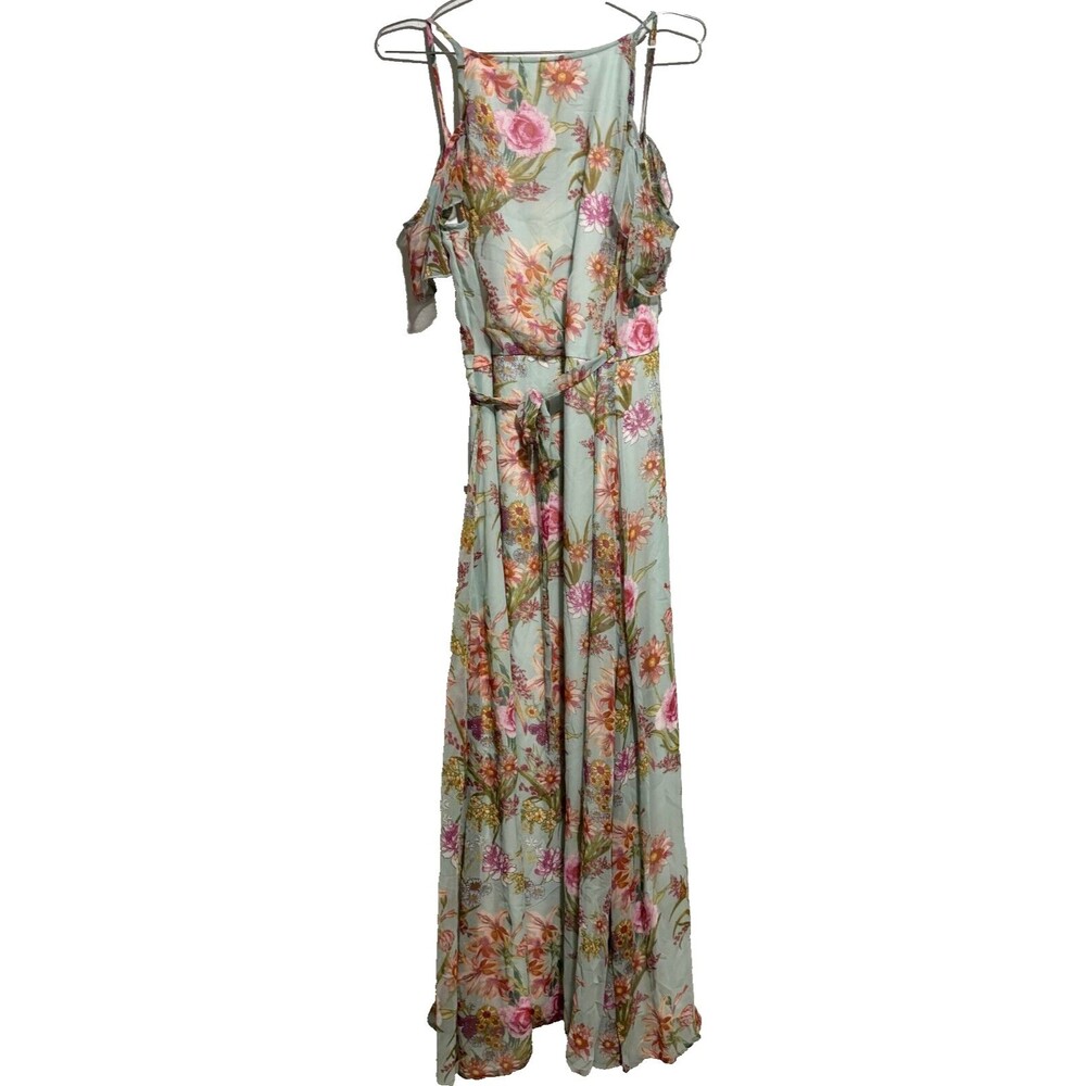 Raga Morning Bloom Floral Long Wrap Dress Large Multicolor Cold Shoulder Lined - Picture 3 of 10